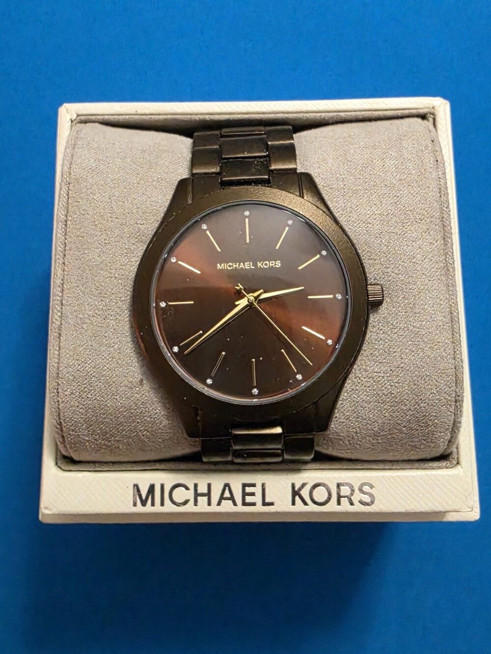 Michael Kors Women’s Slim Runway Quartz Watch with Metal Strap (Brown) MK4508